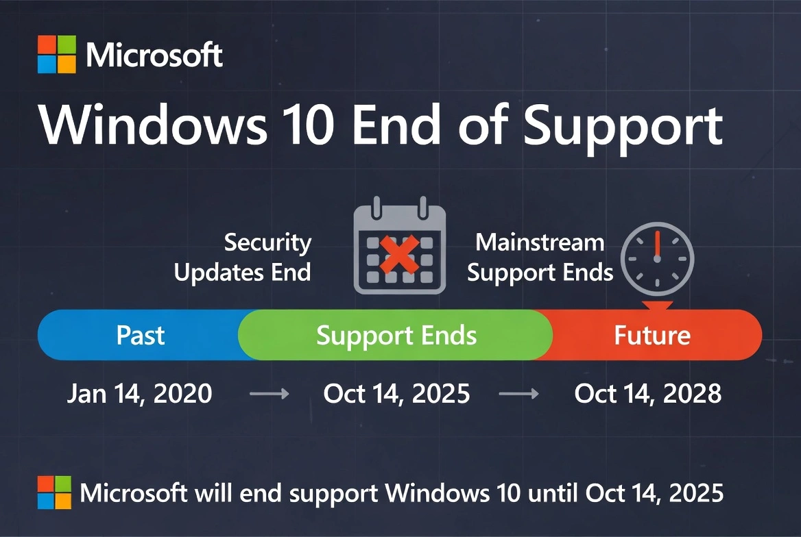 Windows 10 End of Support timeline showing key dates: January 2020 security updates end, October 14, 2025 support ends, and October 14, 2028 mainstream support ends