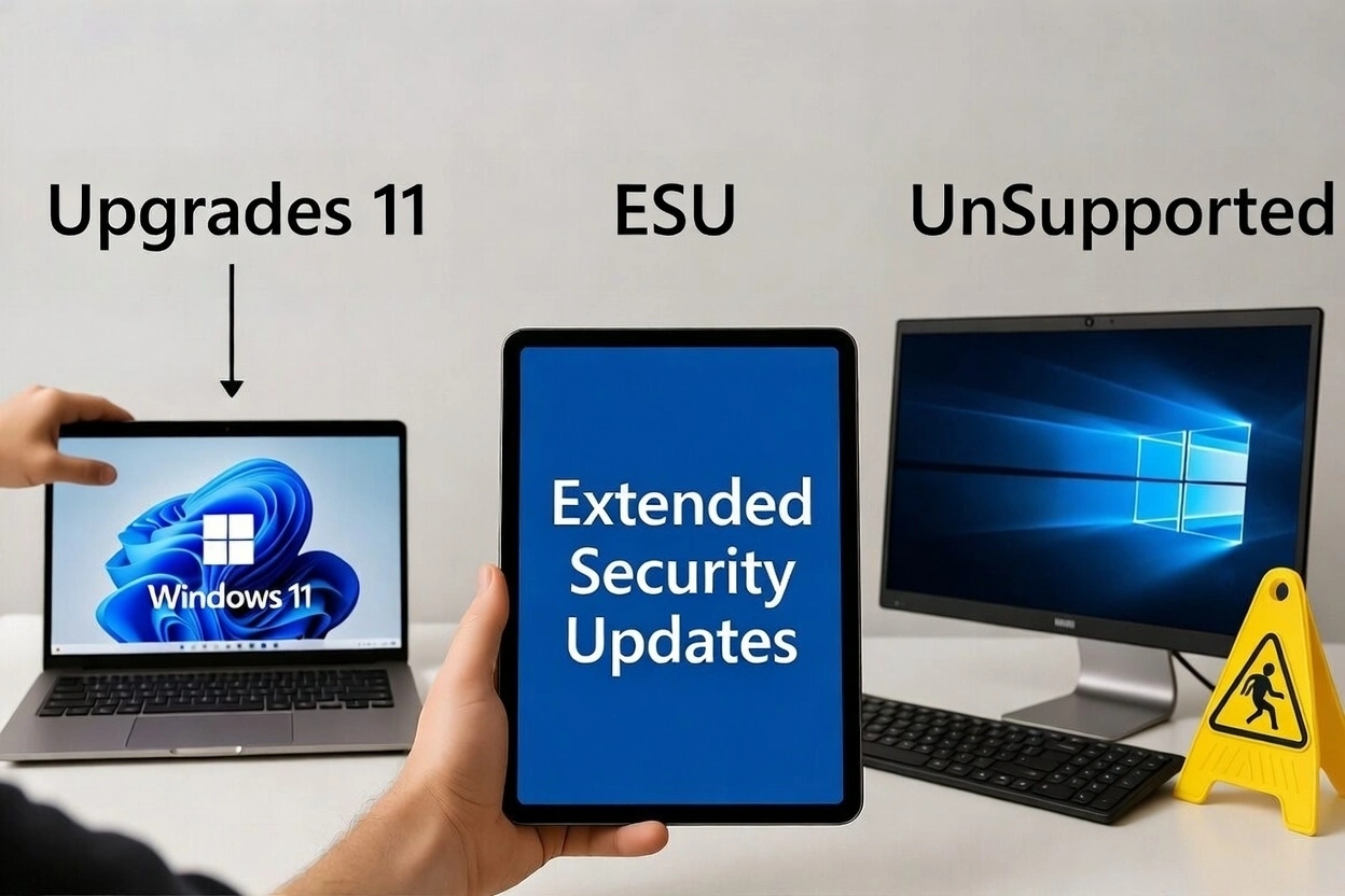Tres opciones después del fin de soporte de Windows 10: Actualizar a Windows 11, Actualizaciones de Seguridad Extendidas (ESU), o quedarse sin soporte
