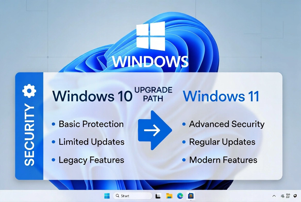 Windows 10 to Windows 11 upgrade path showing security comparison: Windows 10 with basic protection and limited updates vs Windows 11 with advanced security and modern features