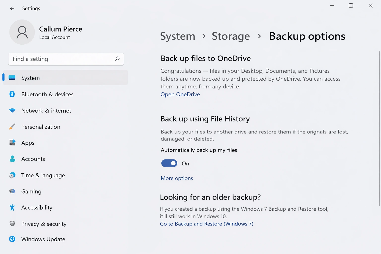 Windows 11 backup settings with OneDrive and File History options