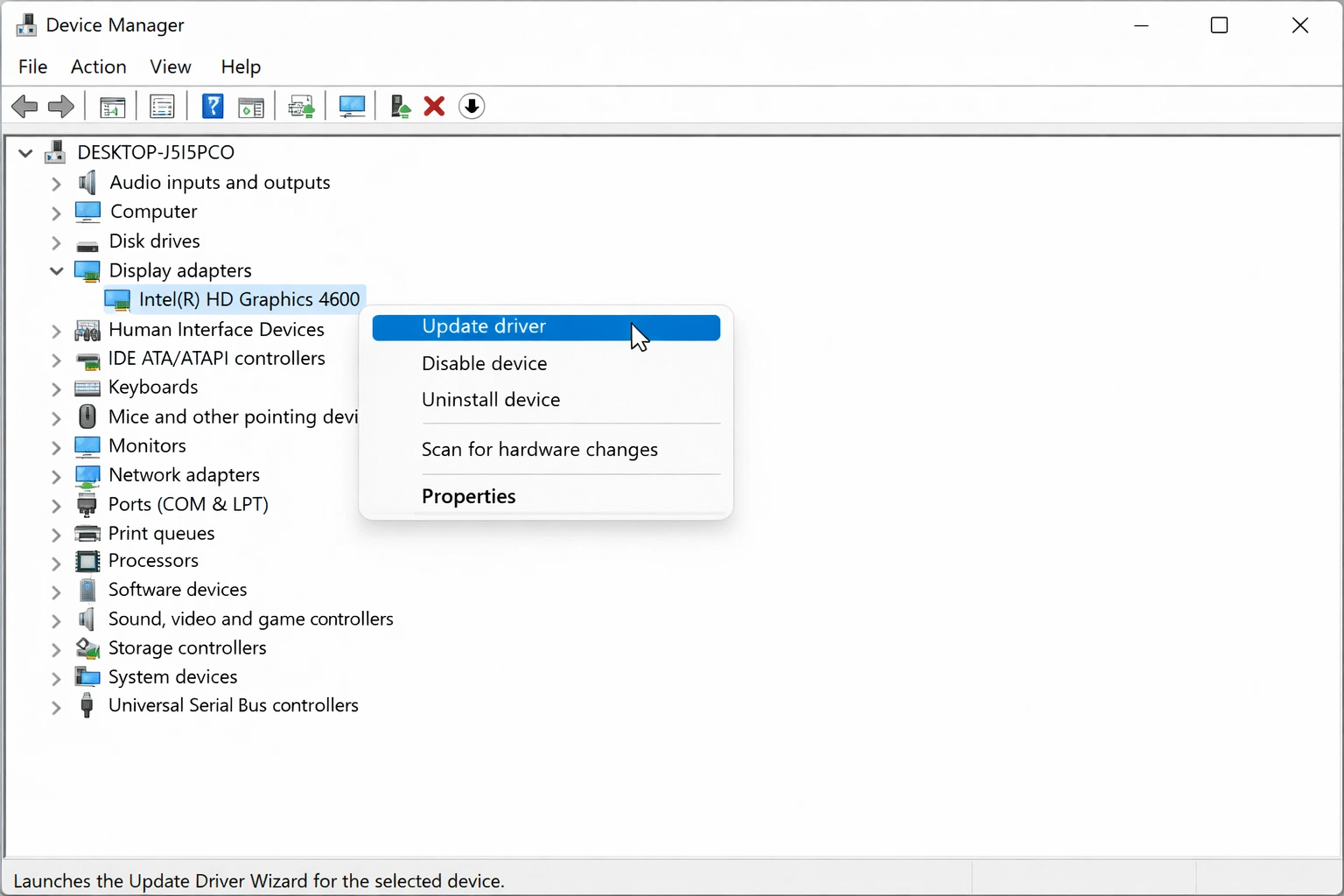 Administrador de dispositivos mostrando opción para actualizar controlador