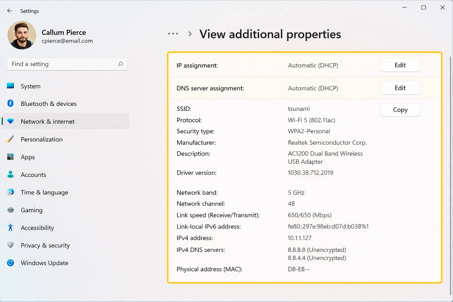 Propiedades adicionales de conexión mostrando asignación IP, DNS, SSID y dirección MAC