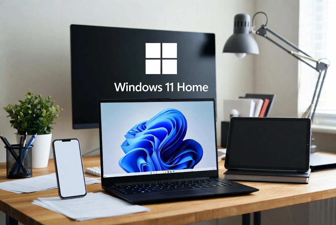 Configuración de productividad con Windows 11 Home mostrando laptop con fondo de pantalla de Windows, monitor externo, teléfono y tablet en escritorio de oficina en casa
