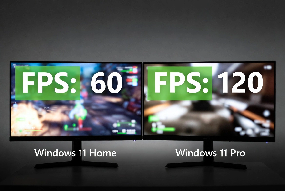 Comparación de benchmark gaming Windows 11 Home vs Pro mostrando FPS: Home a 60 FPS y Pro a 120 FPS en pantallas lado a lado
