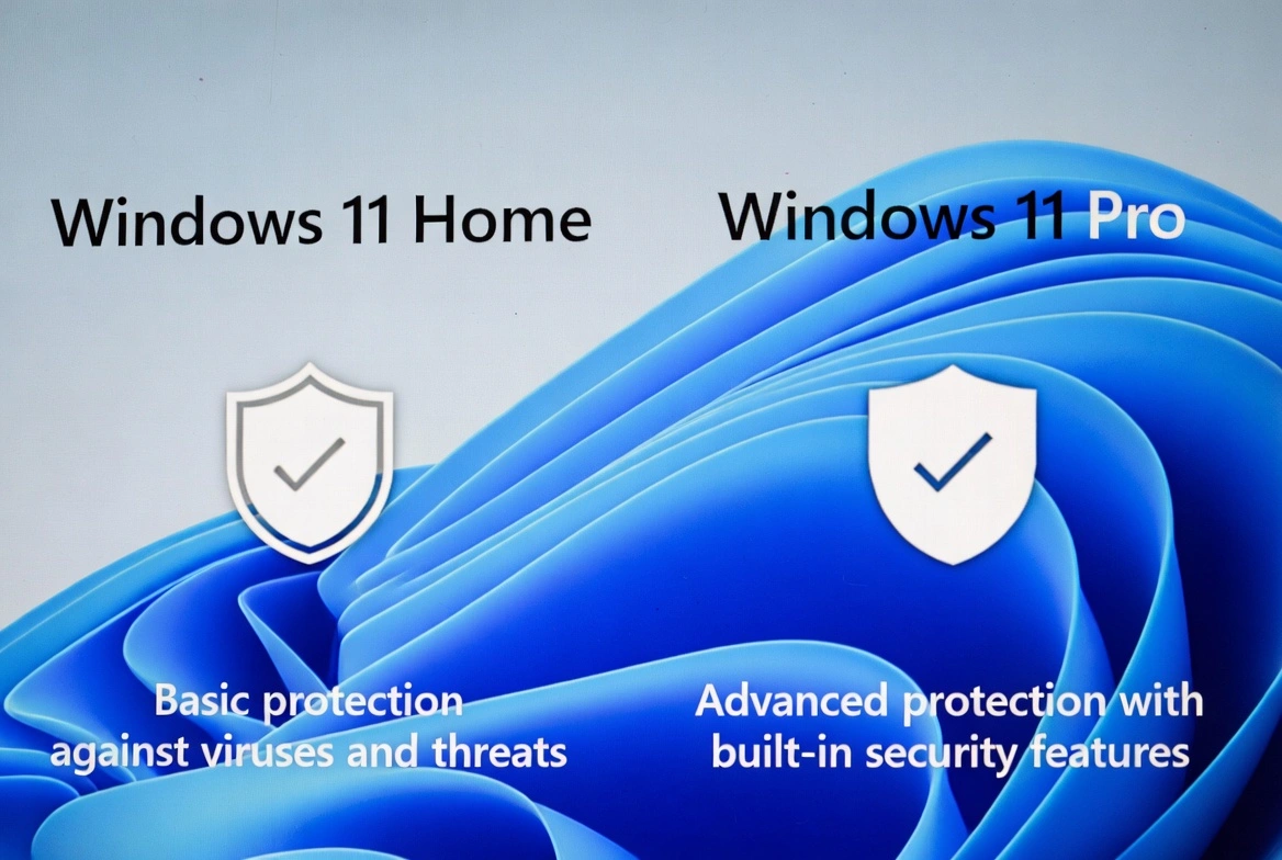 Comparación de seguridad Windows 11 Home vs Pro: Home ofrece protección básica contra virus, Pro incluye protección avanzada con funciones de seguridad integradas