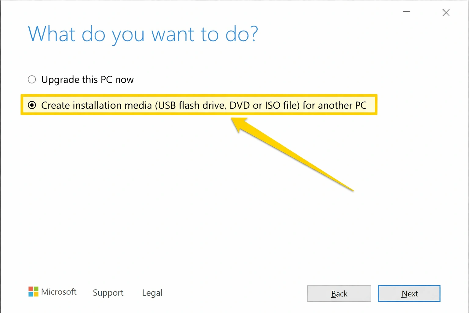 Windows 11 Media Creation Tool showing option to create installation media USB