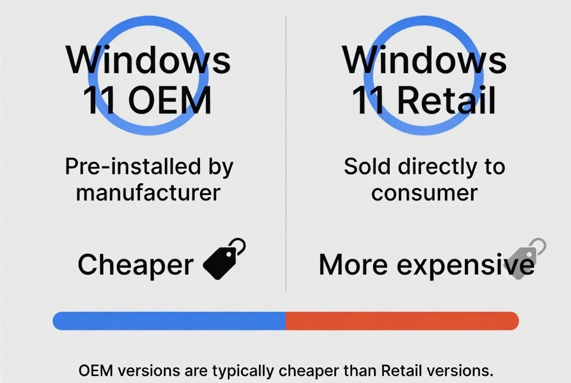 Windows 11 OEM vs Retail comparison infographic showing price differences: OEM pre-installed by manufacturer is cheaper, Retail sold directly to consumer is more expensive