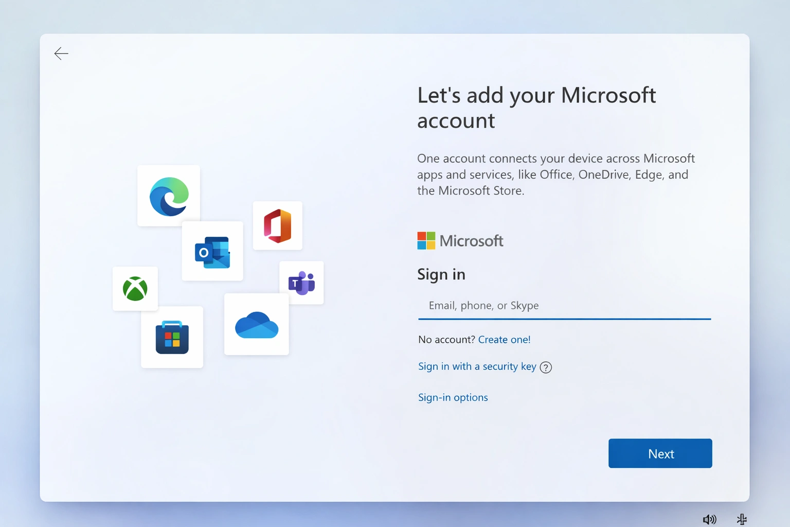 Windows 11 OOBE screen requesting Microsoft account sign-in