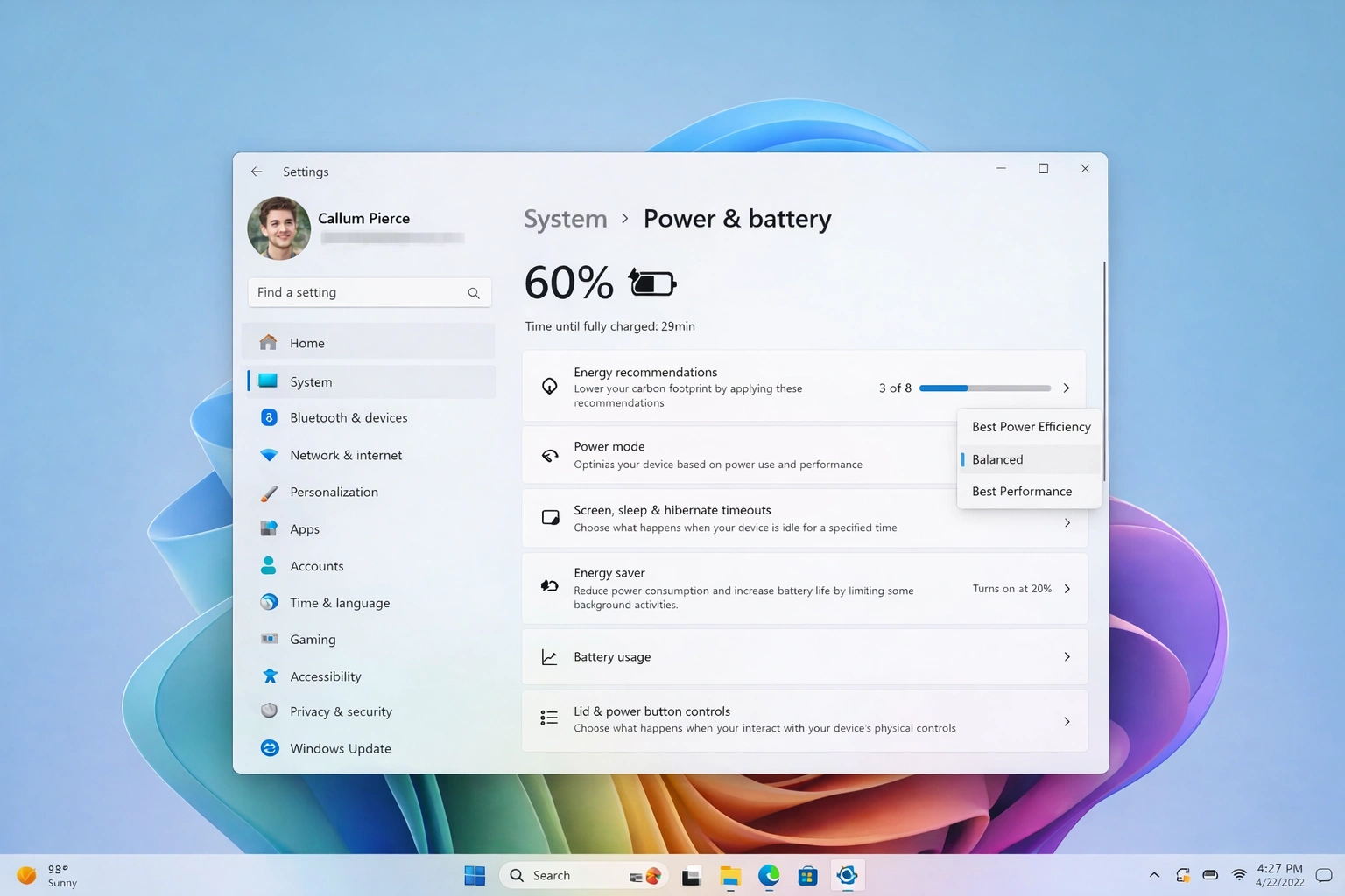 Configuración de energía y batería de Windows 11 mostrando el panel de modo de energía con opciones de mejor eficiencia energética, equilibrado y máximo rendimiento