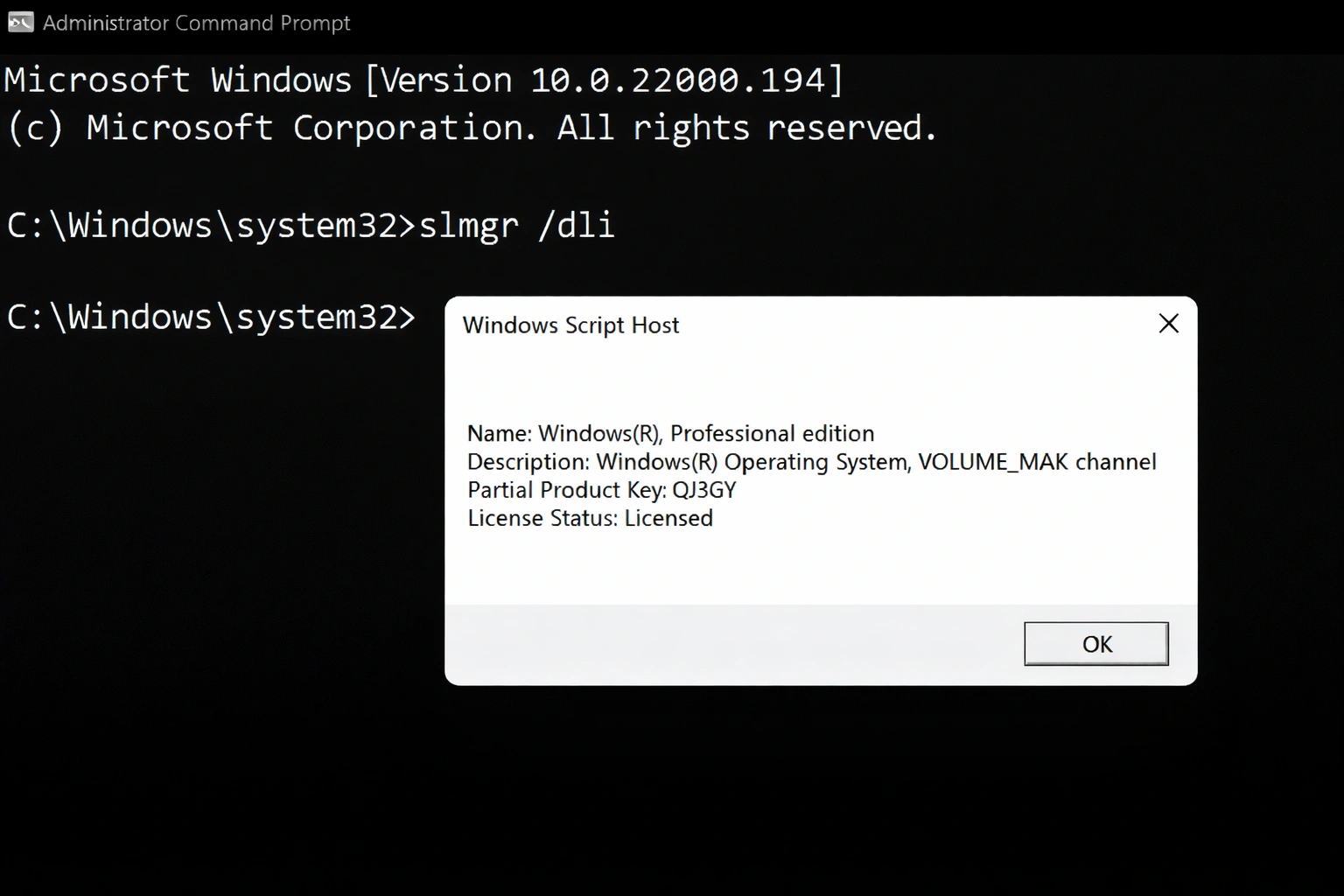 Windows 11 Pro CMD activation using slmgr command in Administrator Command Prompt showing license status