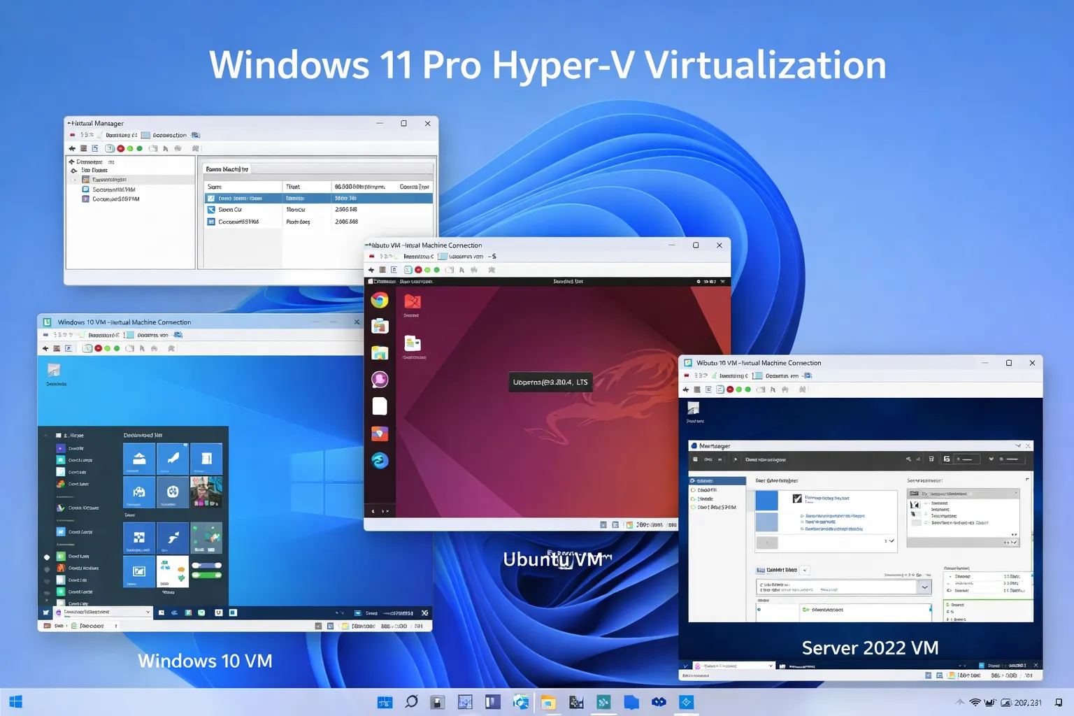 Windows 11 Pro Hyper-V virtualization showing multiple virtual machines running Windows 10, Ubuntu, and Windows Server 2022