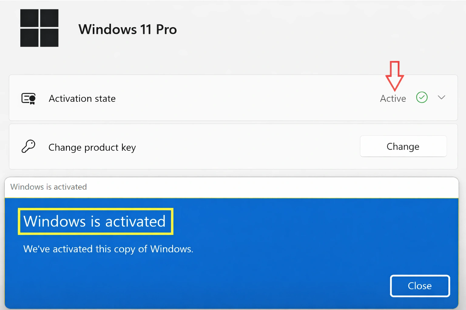 Windows 11 Pro activation confirmation screen showing Windows is activated with digital license status