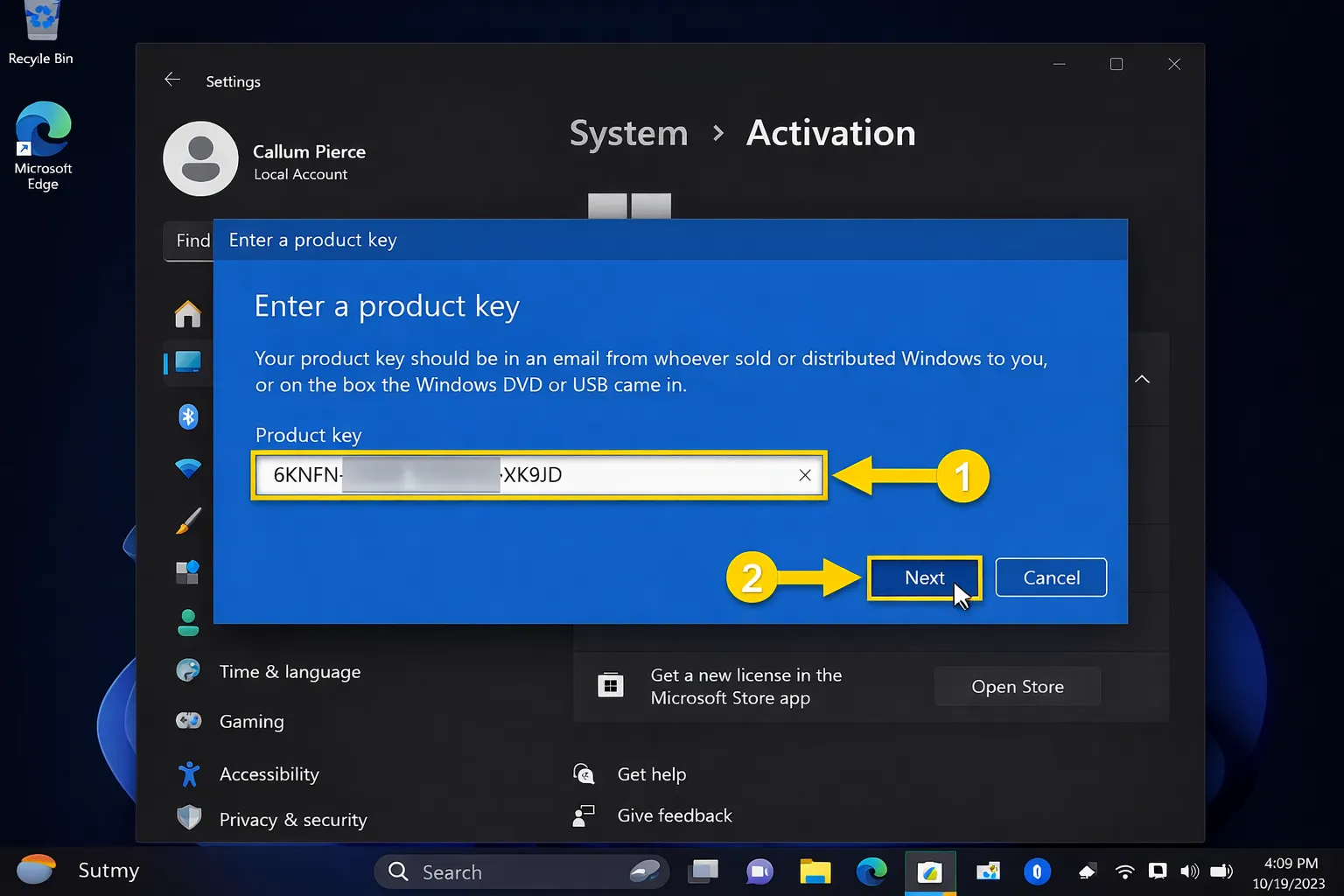 Windows 11 Pro activation steps showing Settings screen with product key entry dialog