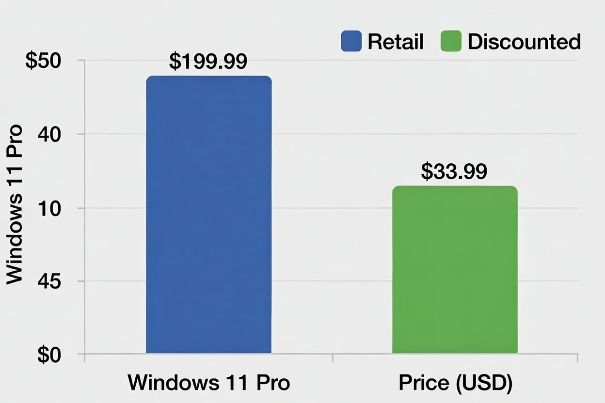 Gráfico de comparación de precios de Windows 11 Pro: precio retail $199.99 vs precio con descuento $33.99