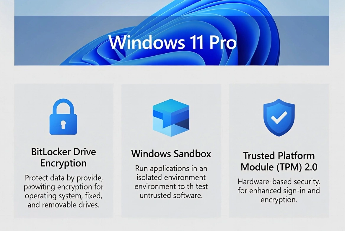 Windows 11 Pro security features overview showing BitLocker Drive Encryption for data protection, Windows Sandbox for isolated testing of untrusted software, and TPM 2.0 hardware-based security for enhanced sign-in and encryption