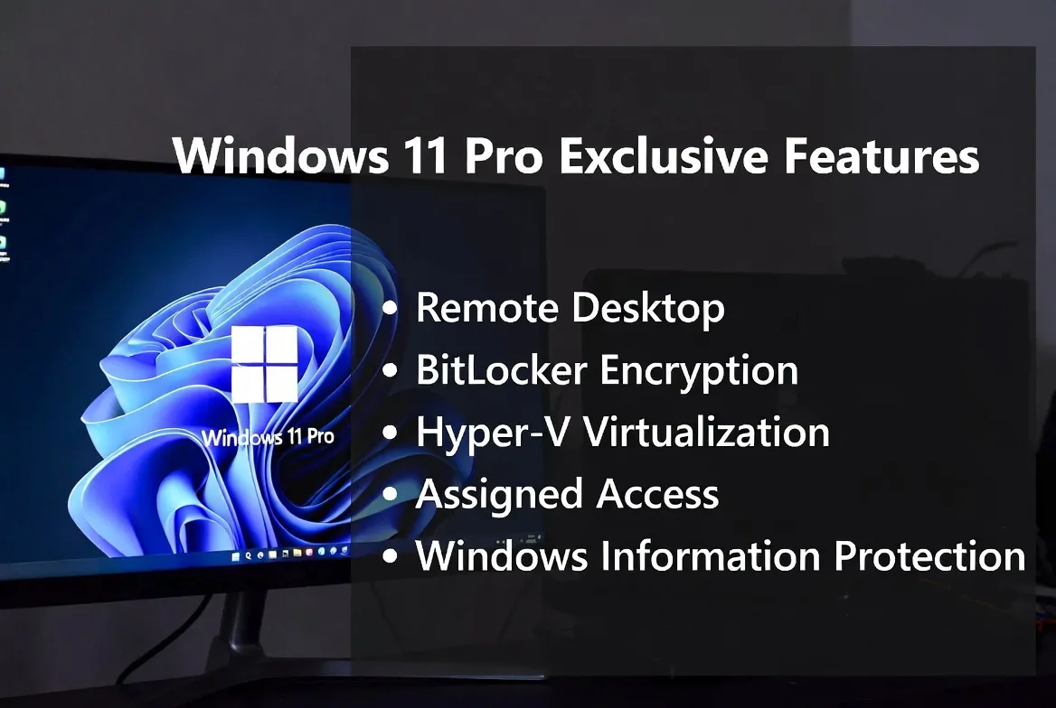 Características exclusivas de Windows 11 Pro: Escritorio Remoto, BitLocker, Hyper-V, Acceso Asignado y Protección de Información