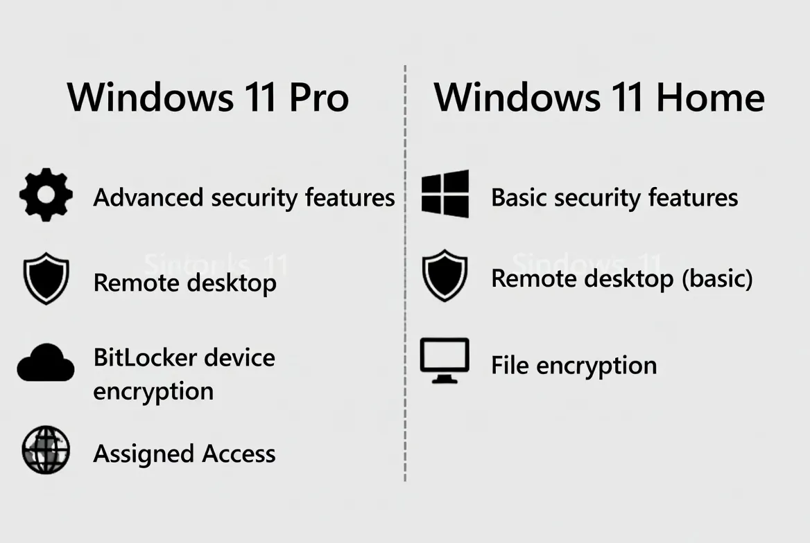 Windows 11 Pro vs Home feature comparison showing advanced security, Remote Desktop, BitLocker, and Assigned Access for Pro vs basic features for Home
