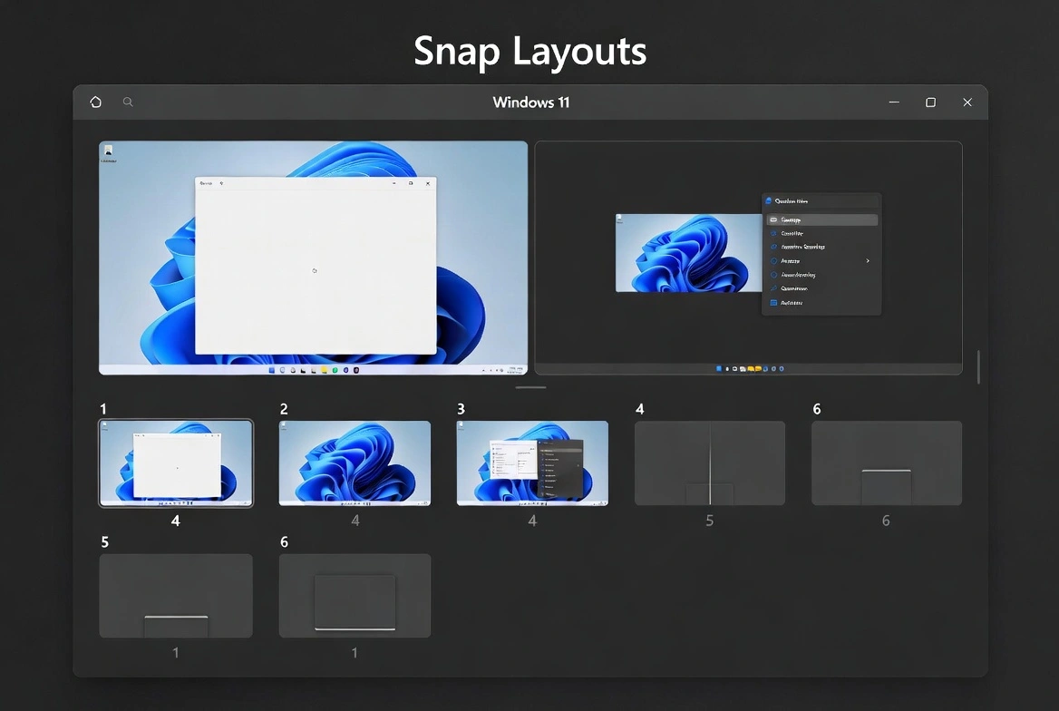 Windows 11 Snap Layouts feature showing multiple window arrangement options including 2-up, 3-up, and 4-up layouts for efficient multitasking