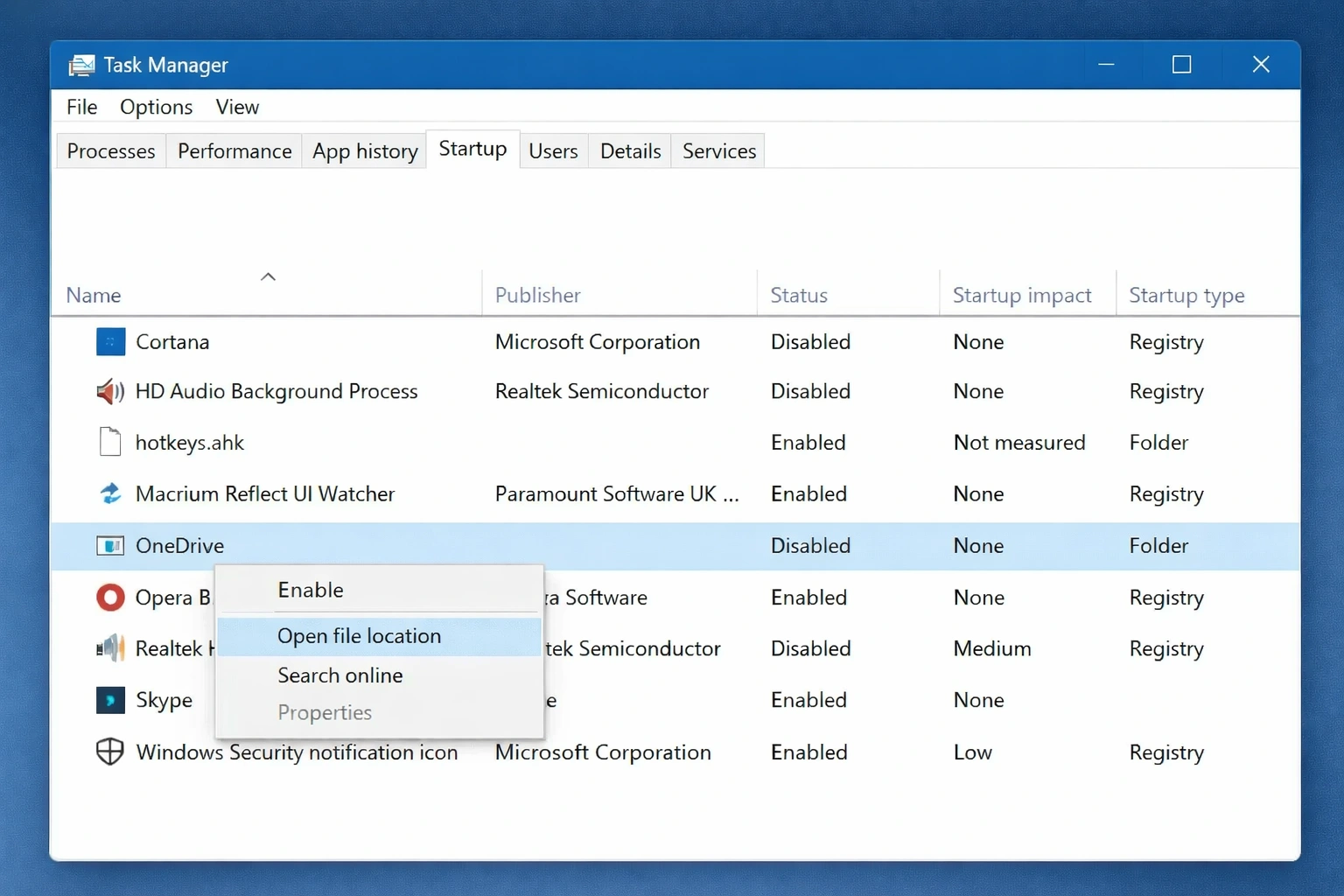 Administrador de tareas de Windows 11 mostrando pestaña de inicio con opciones para deshabilitar programas