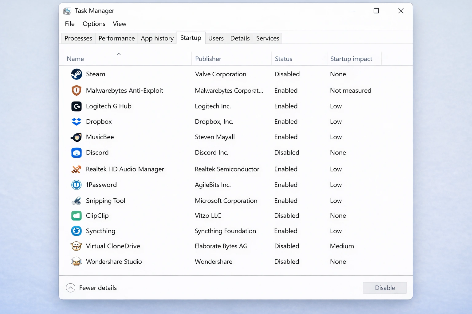 Windows 11 Task Manager showing the Startup apps tab with startup impact levels for each application