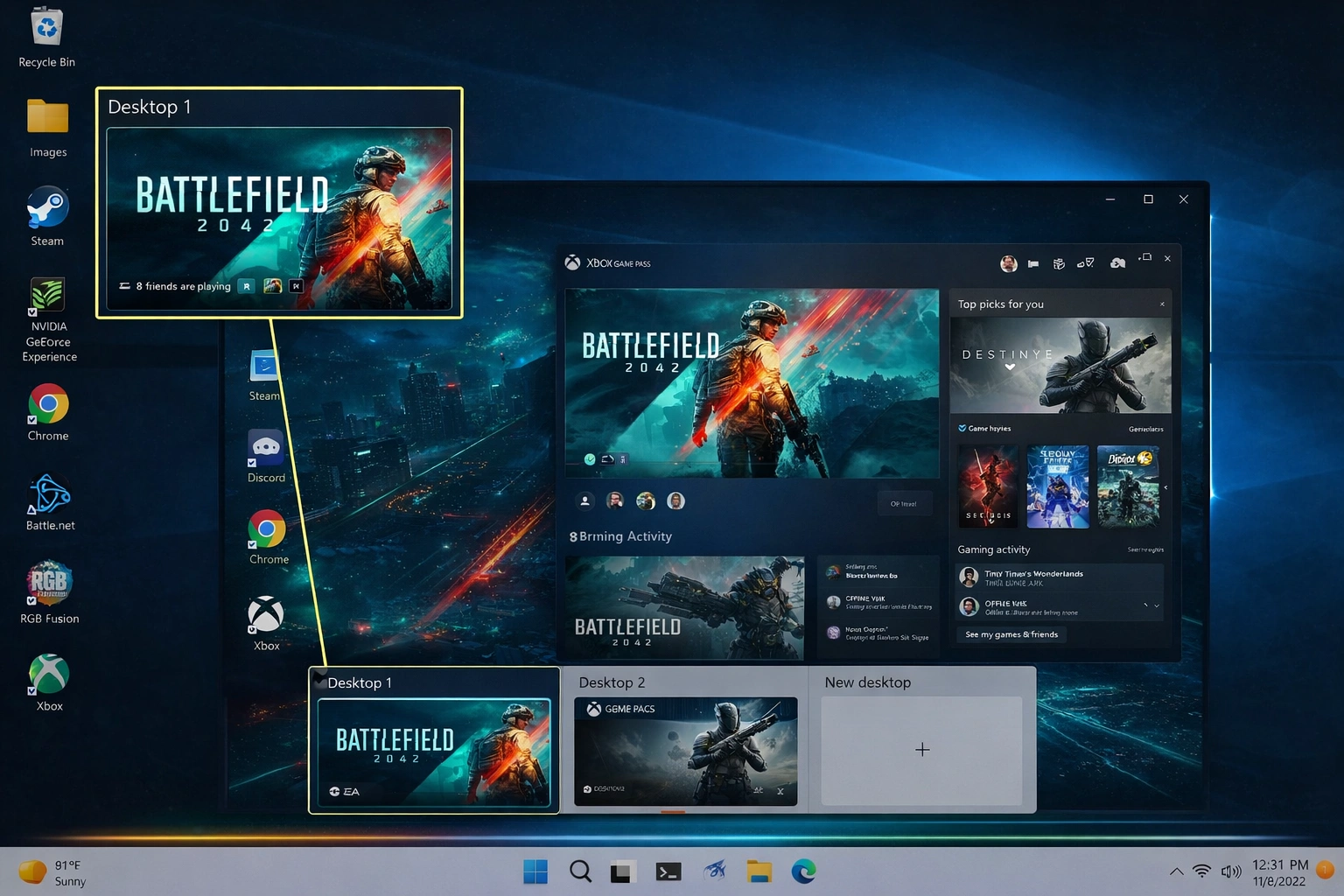 Windows 11 Vista de Tareas mostrando cómo crear un nuevo escritorio virtual con múltiples escritorios visibles