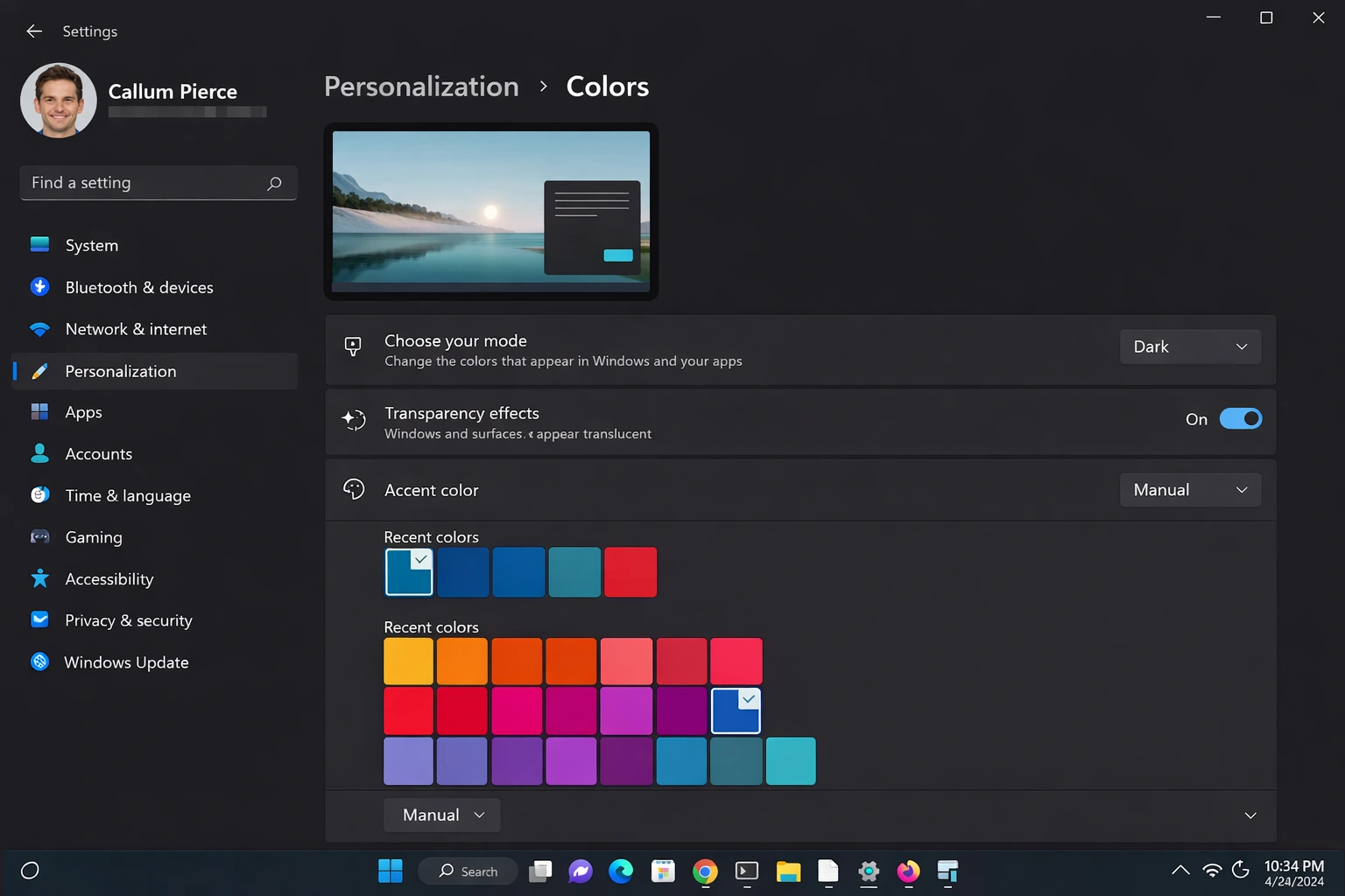 Windows 11 accent colors in dark mode - Customization palette