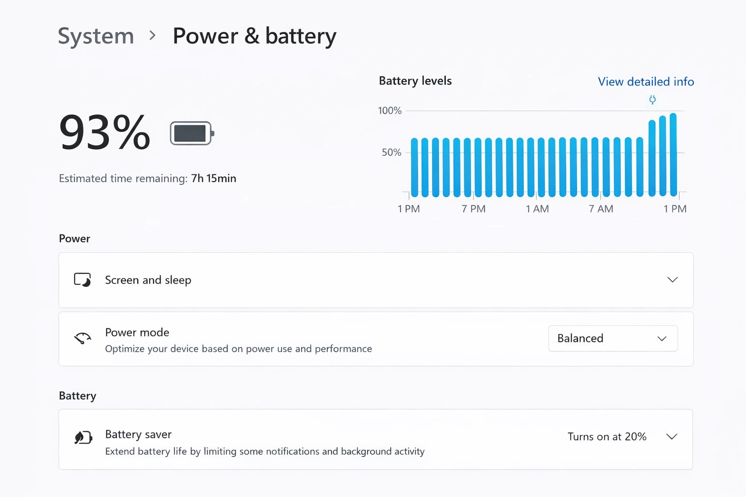 Configuración de energía y batería de Windows 11 mostrando modo de energía y opciones de ahorro