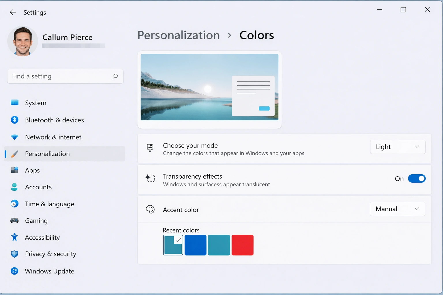 Windows 11 configuración de colores - Modo oscuro activado en Personalización