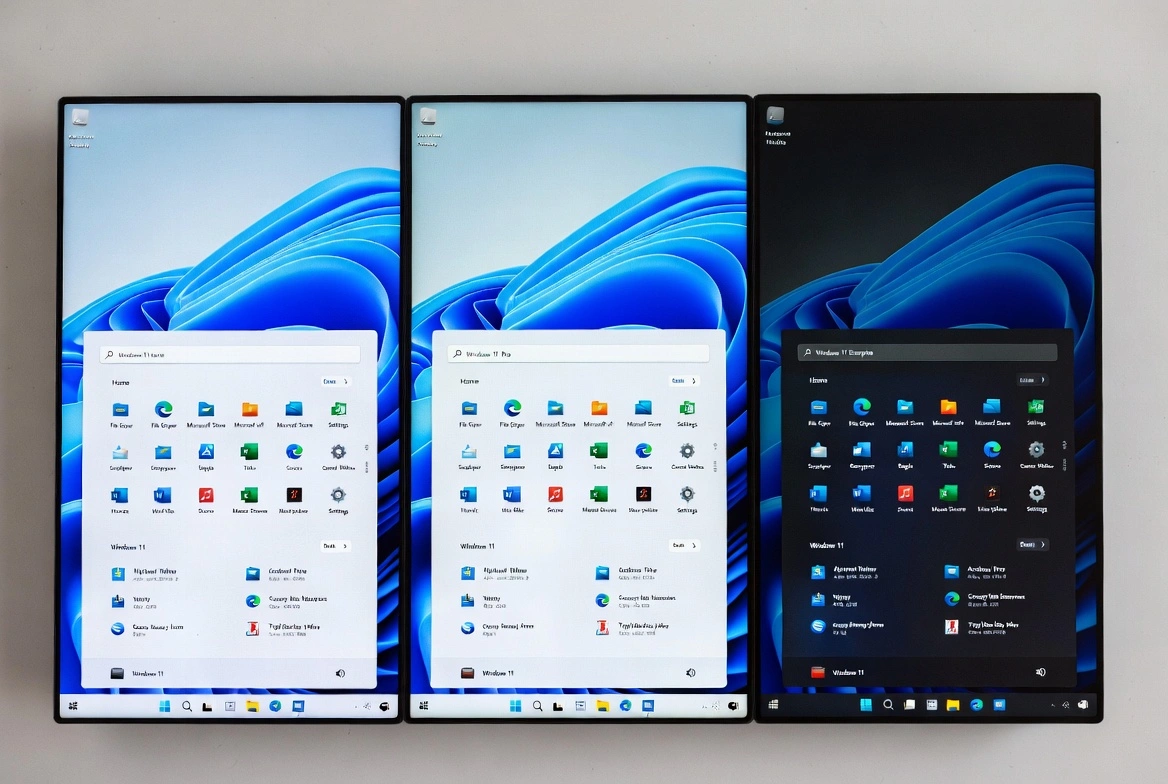 Comparación visual de ediciones Windows 11 - Home vs Pro vs Enterprise mostrando las interfaces