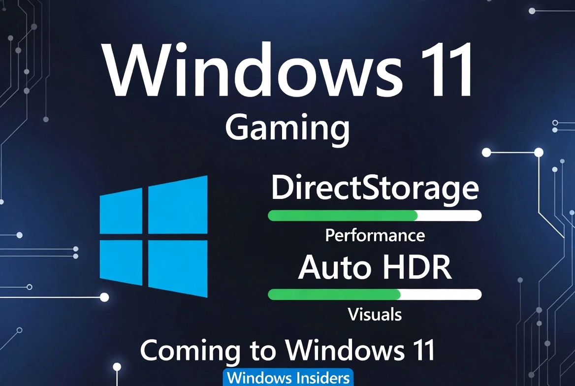 Windows 11 gaming features overview showing DirectStorage for faster load times performance and Auto HDR for enhanced visuals