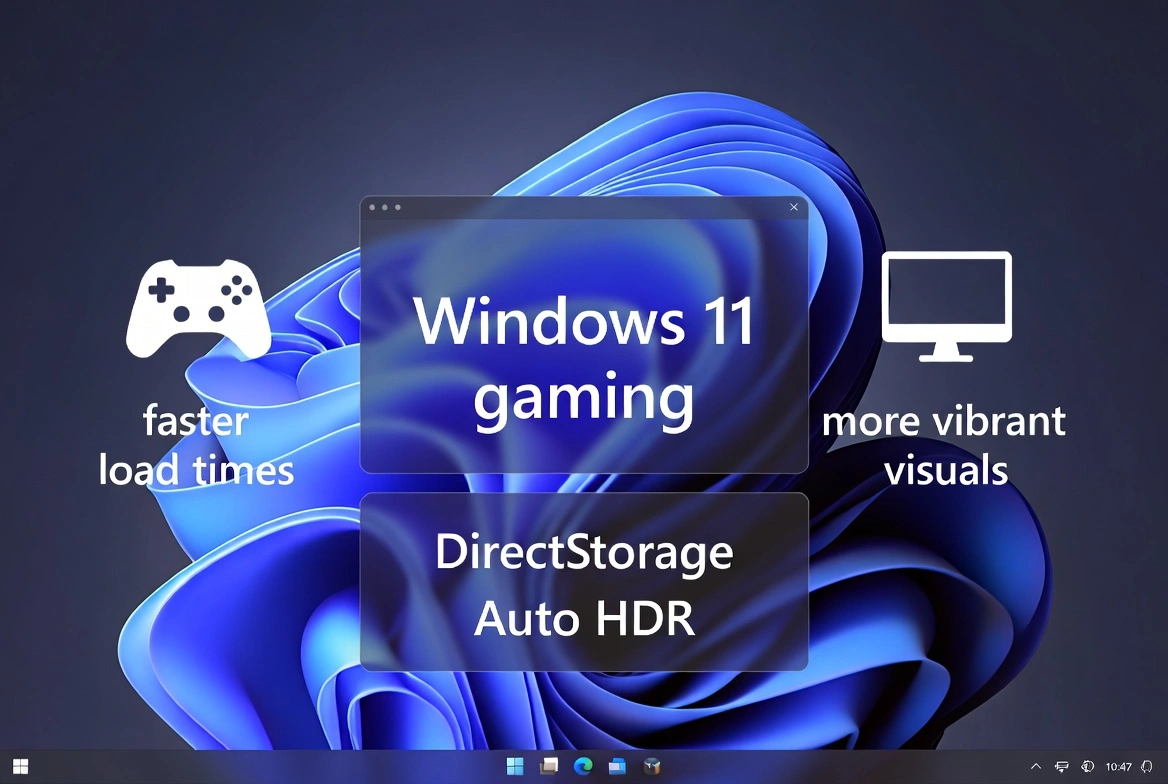 Windows 11 gaming performance features showing DirectStorage for faster load times and Auto HDR for more vibrant visuals on a Windows 11 desktop with gaming interface