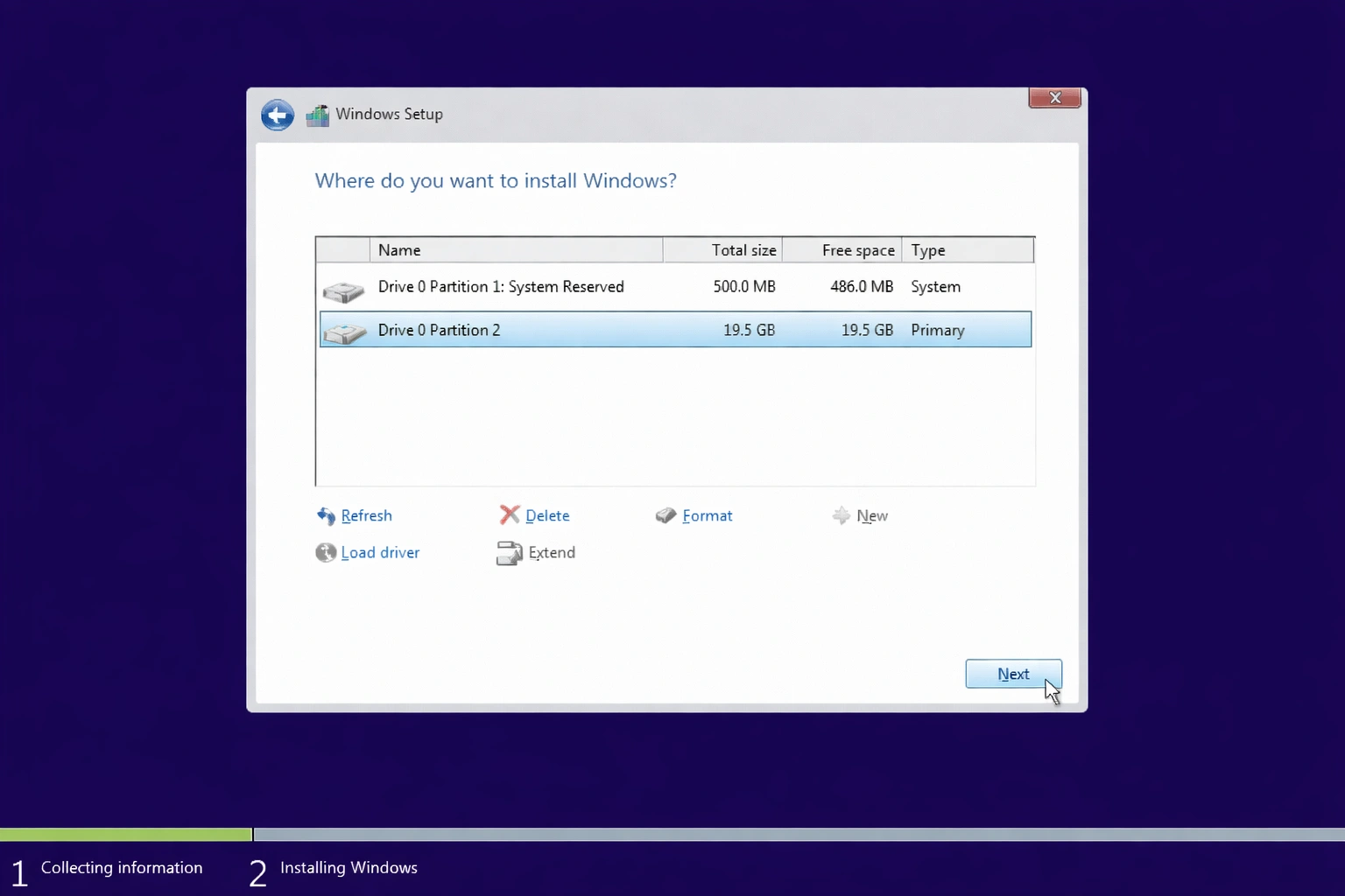 Pantalla de instalación de Windows 11 mostrando selección de particiones y opciones de formato