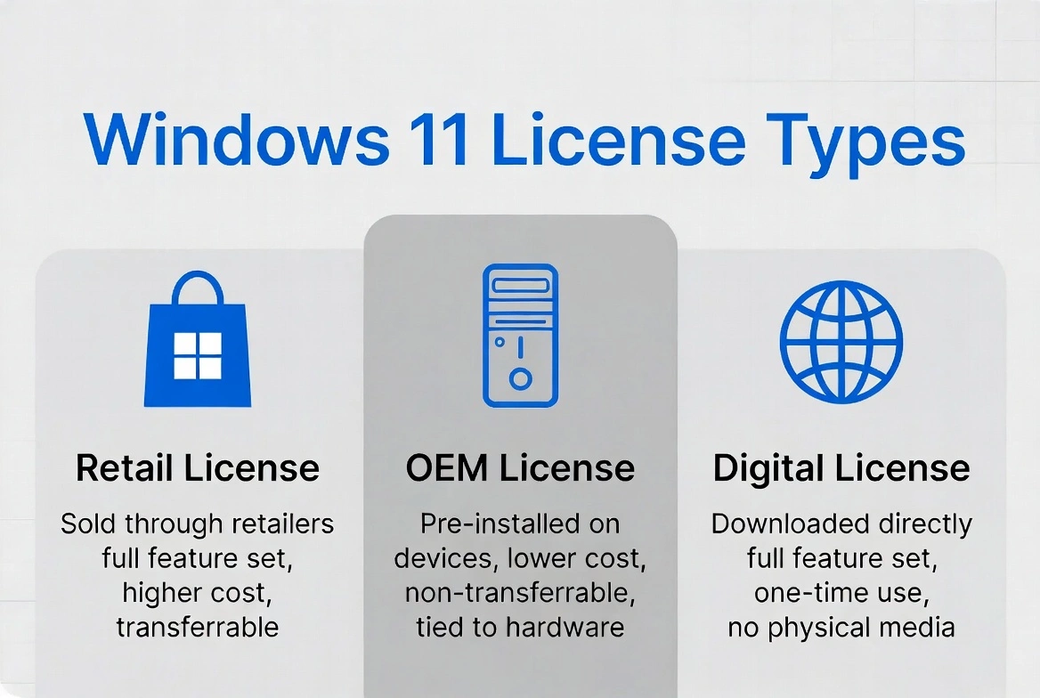 Windows 11 license types compared: Retail (transferrable, higher cost), OEM (tied to hardware, lower cost), and Digital (direct download, one-time use)