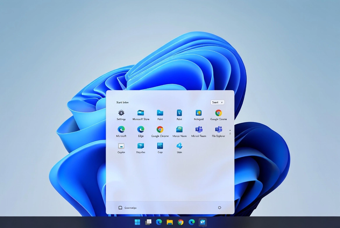 Windows 11 new interface showing centered taskbar with pinned apps and redesigned Start menu with app grid and recommended files