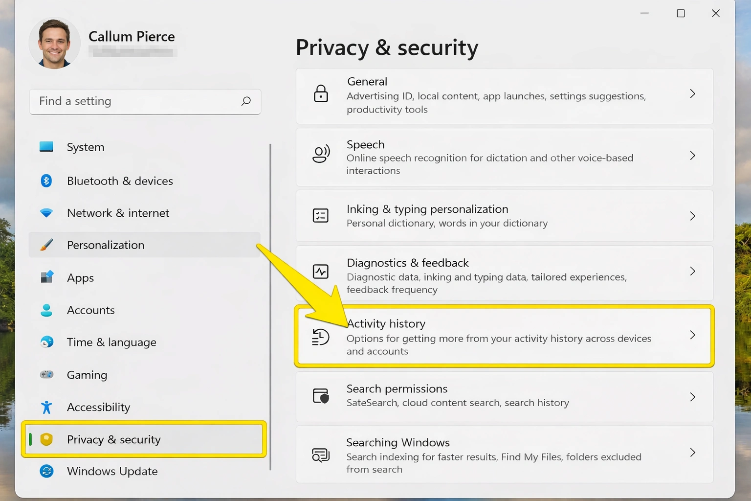 Panel de configuración de privacidad Windows 11 - Historial de actividad desactivado