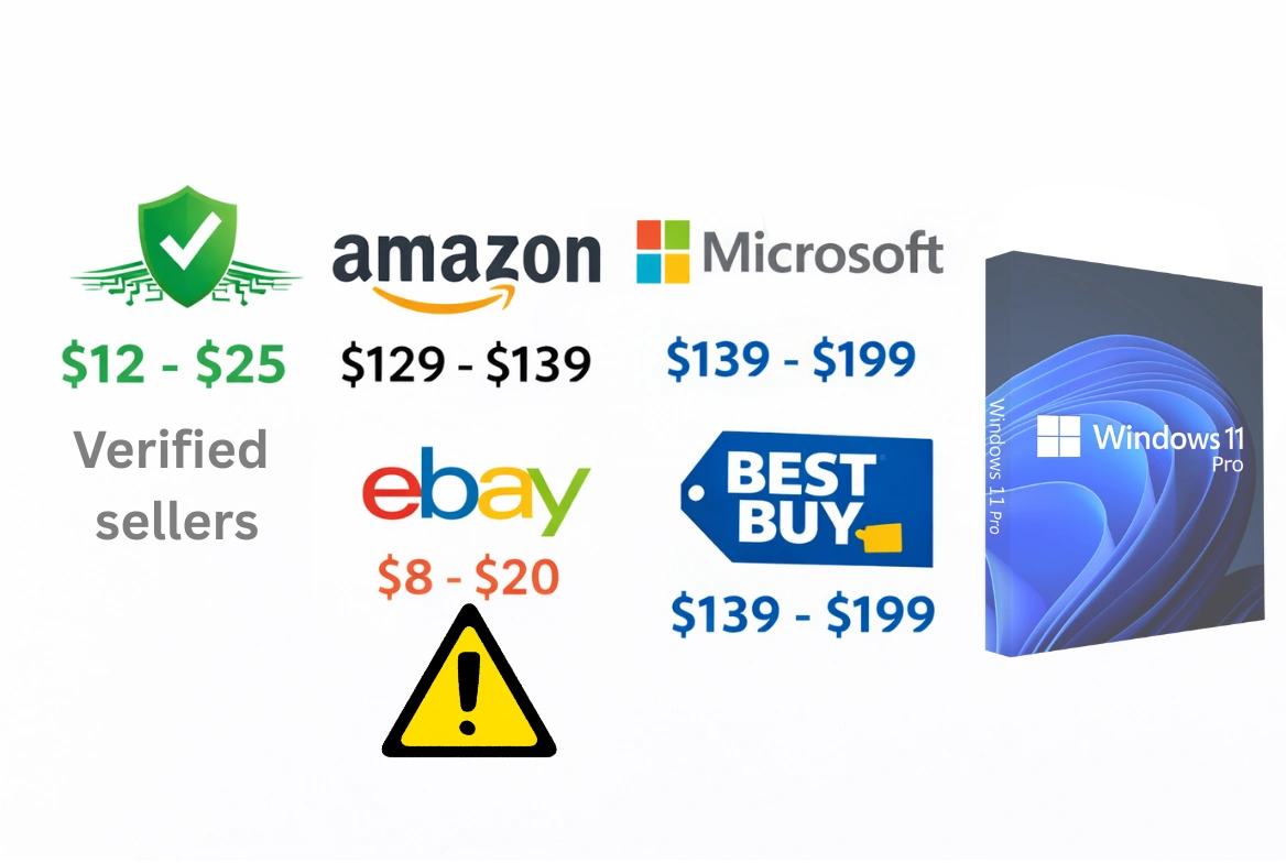 Comparación de vendedores de Windows 11: Vendedores verificados $12-$25, Amazon $129-$139, Microsoft $139-$199, Best Buy $139-$199, eBay $8-$20 (riesgo)