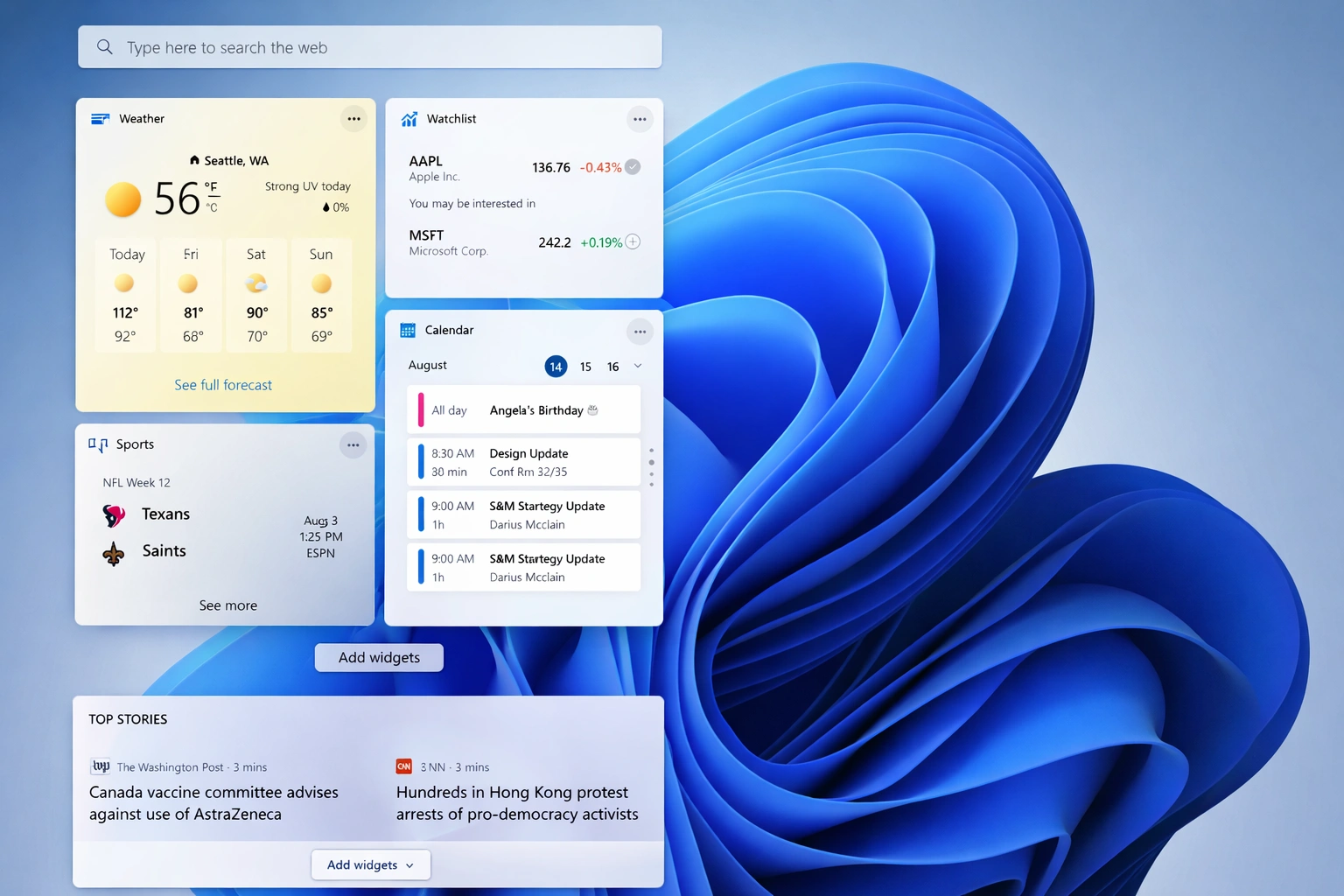 Panel de widgets de Windows 11 mostrando clima, deportes, calendario y noticias