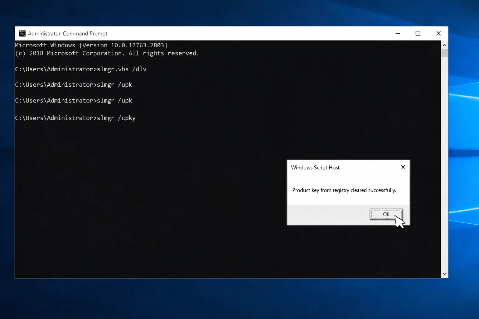 Windows Command Prompt showing slmgr /upk and /cpky commands to deactivate license