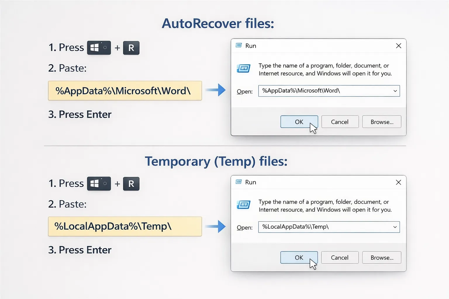 Windows Run dialog showing AutoRecover and Temp file folder paths