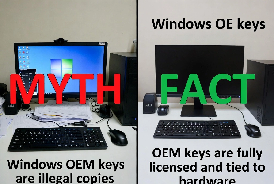 Windows OEM keys myth vs fact comparison: Myth says OEM keys are illegal copies, Fact shows they are fully licensed and tied to hardware
