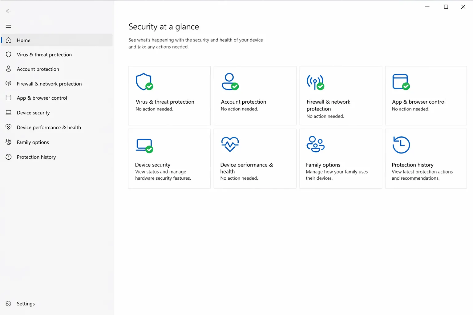 Panel de Windows Security mostrando estado de seguridad, protección antivirus, firewall y más