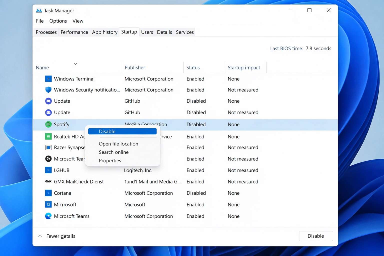 Windows 11 Task Manager Startup tab showing list of startup programs with status and startup impact columns, with context menu to disable apps