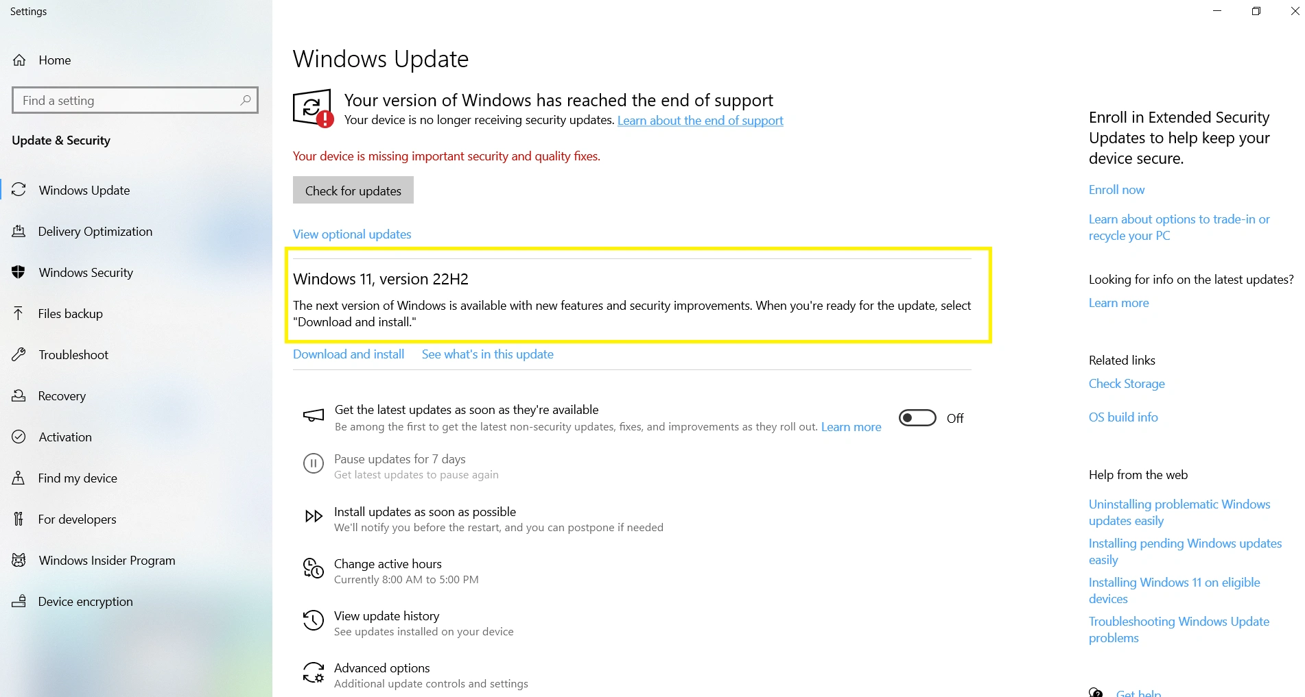 Windows Update mostrando la actualización gratuita a Windows 11 disponible