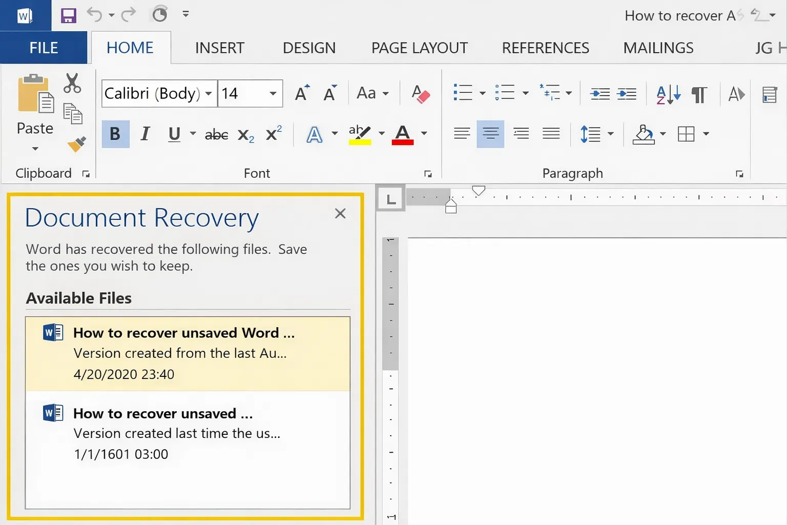 Word Document Recovery Pane showing available auto-recovered files after a crash