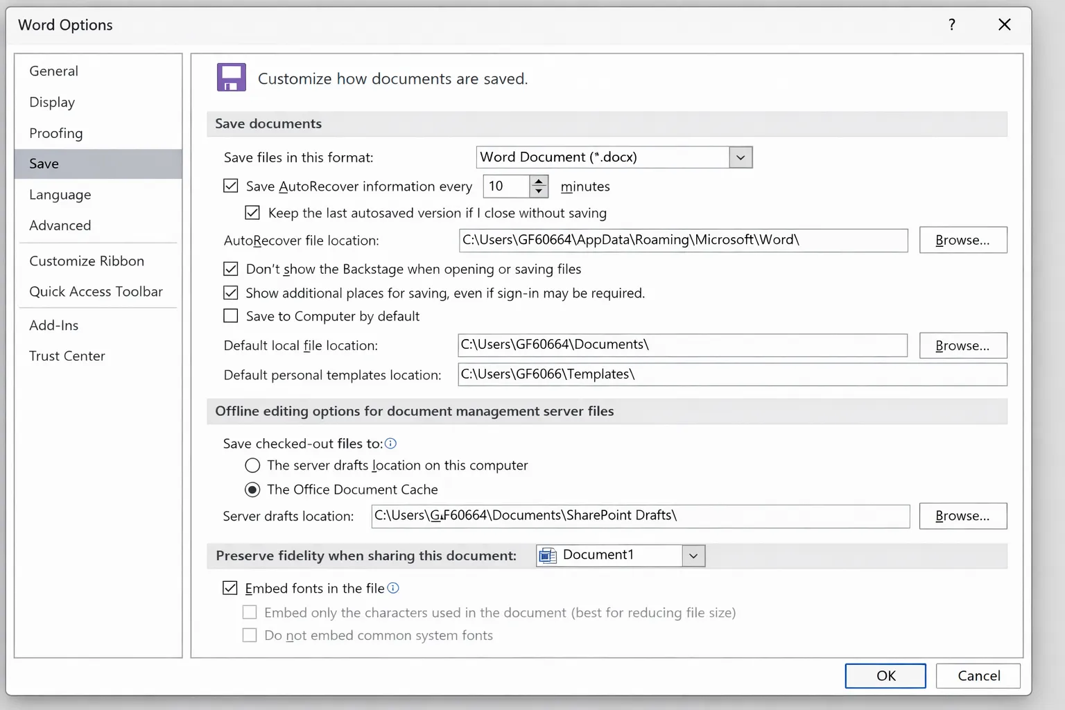 Word Options Save settings dialog showing AutoRecover interval and file location configuration