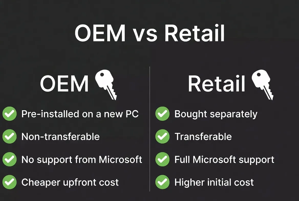 Comparación visual de claves OEM vs Retail de Windows - diferencias clave