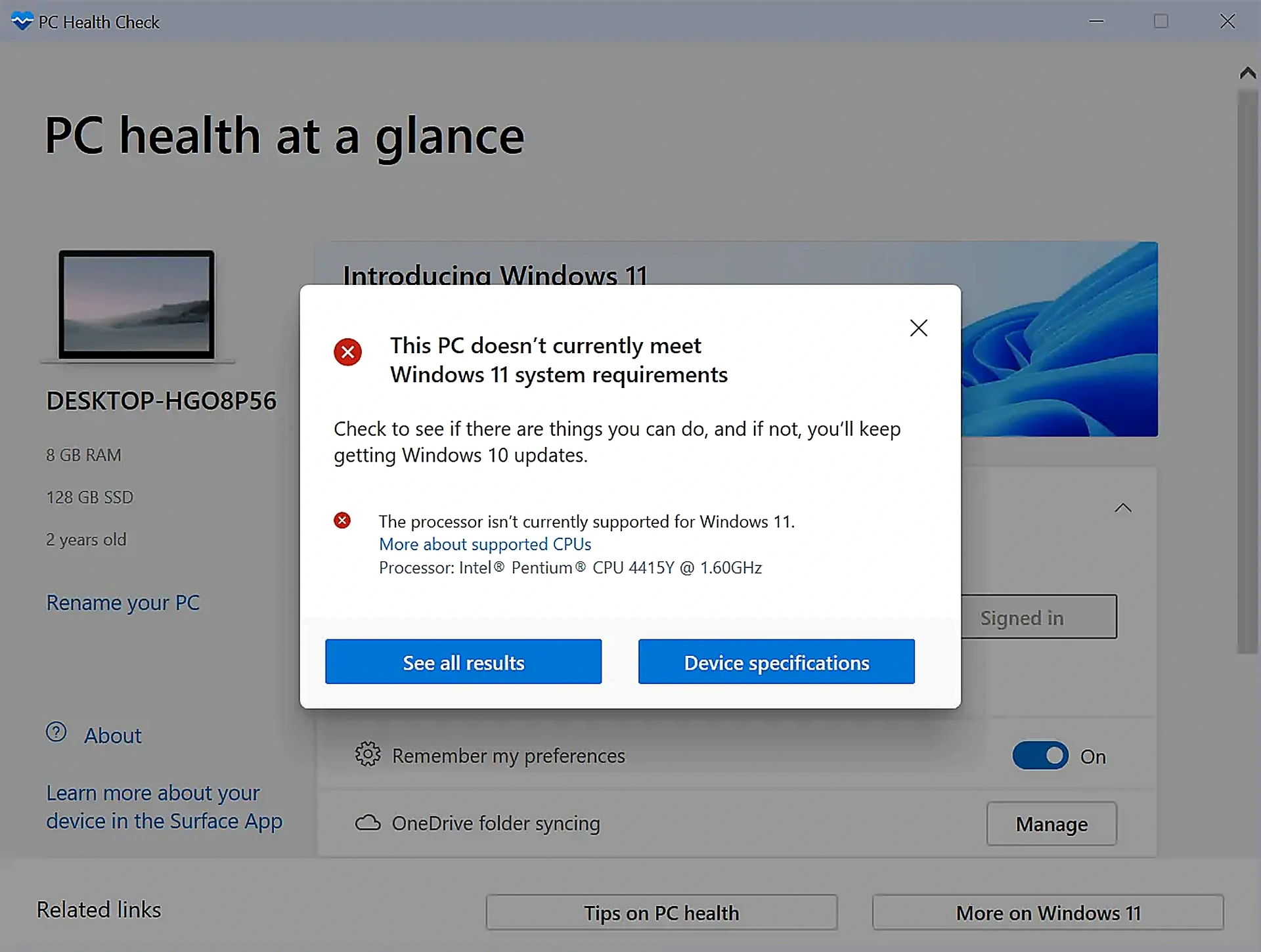 Aplicación PC Health Check mostrando resultados de compatibilidad con Windows 11 con requisitos del procesador