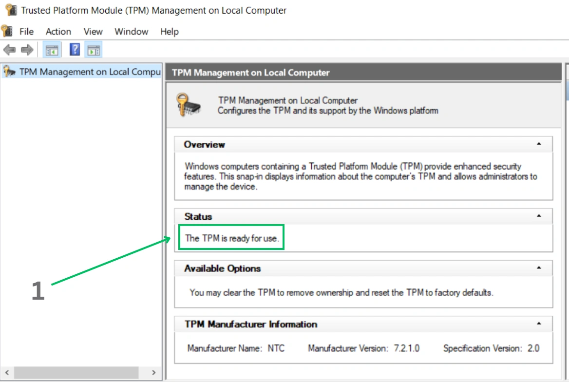 Consola de Administración de TPM mostrando TPM 2.0 listo para usar con Versión de Especificación 2.0