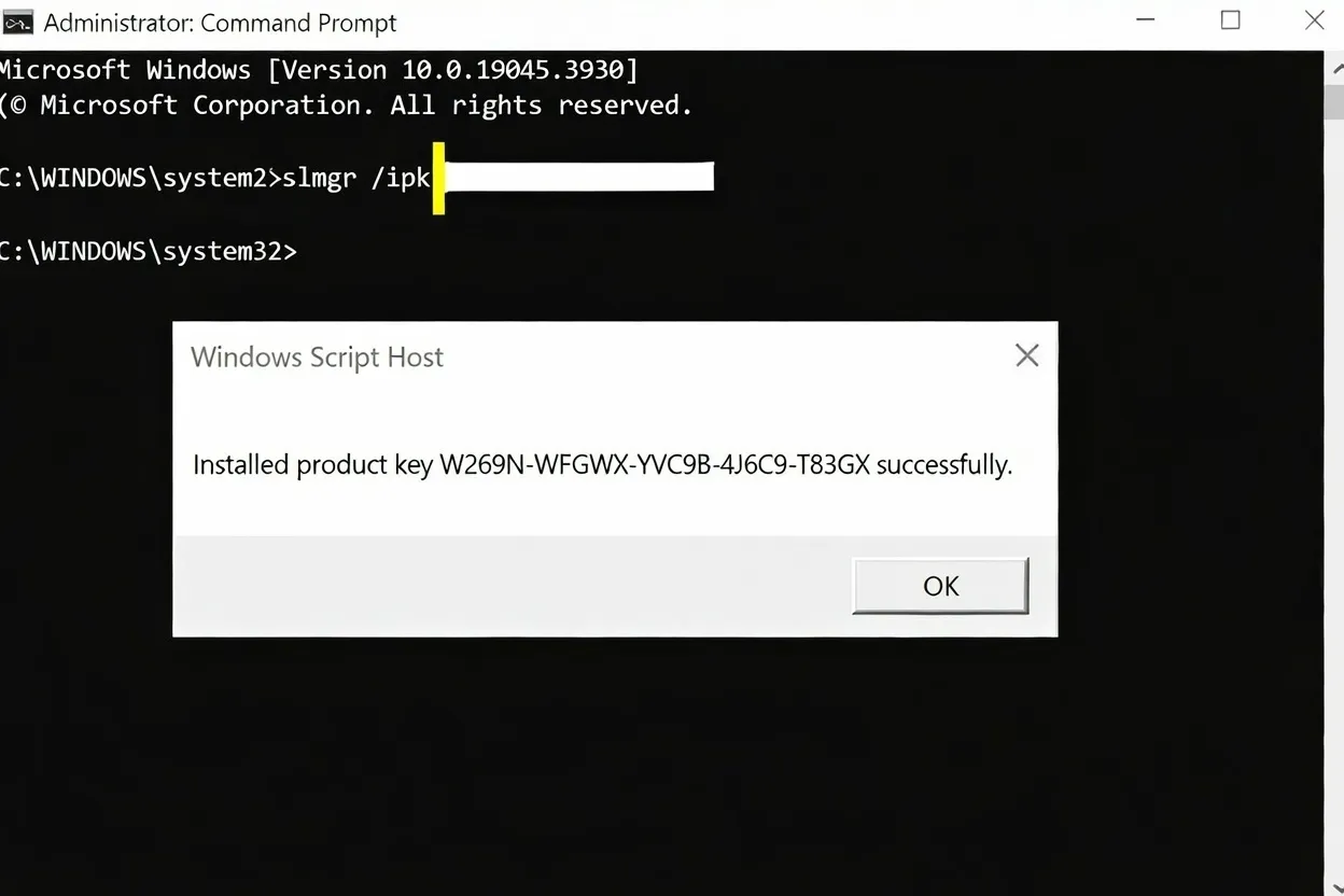 Command Prompt showing slmgr commands for Windows activation