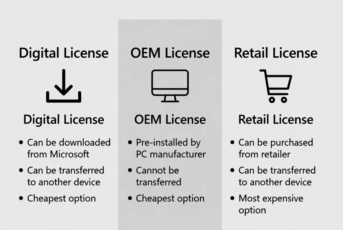 Windows license types: Digital, OEM, and Retail - visual comparison